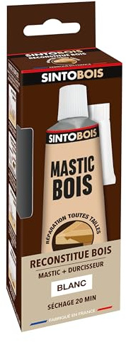 SINTO Mastic reconstitue angles et gros trous blanc 66ml, mastic bi-composant séchage en 20 min, parquets meubles menuiseries, bonne adhérence et résistance sur bois, intérieur et extérieur
