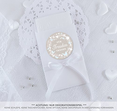 Freuden Tränen Taschentücher Set zur Hochzeit Groß 48 Sticker + 48 weiße Flachbeutel - 63 x 93 mm für Freudentränen Taschentuch Verpackungen Aufkleber mit Schmetterlinge in SAND BLAU