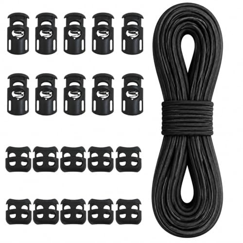 20 Stück Kunststoff-Kordelschlösser-Set, elastisches Bungee-Nylon-Gummiseil, DaKuan 10 Stück Einloch, 10 Stück Doppelloch (schwarz) Endfeder-Knebelstopper mit Bastel-Stretch-Schnur