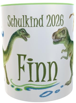 Tasse Schulkind 2026 T-Rex mit Namen zur Einschulung grün Jungen Befüllung Schultüte inkl. Geschenkverpackung