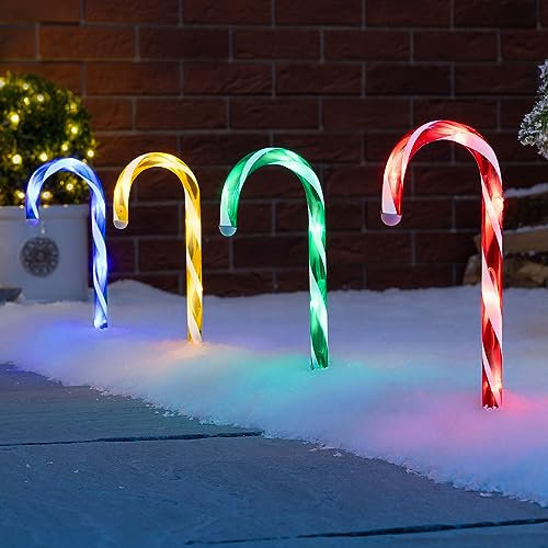 Christow Candy Cane Christmas Lights, Outdoor Path Stake Decorations, Flashing LED, Battery Operated with Timer, Set of 4 x 26cm (Multi Coloured)