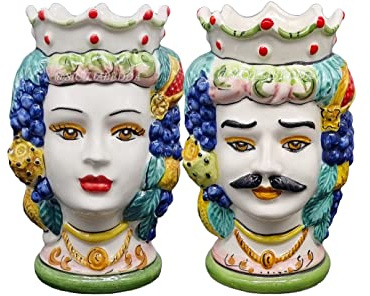 sicilia bedda - Coppia Teste di Moro SICILIANE in Ceramica di CALTAGIRONE - Realizzate a Mano - H Centimetri 18 - Elegante Complemento d'Arredo (Corona Verde)
