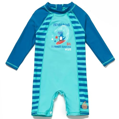 BONVERANO Traje baño bebé protección Solar UPF 50+ Cierre Cremallera (Dinosaurio Azul, 12-18 Meses)