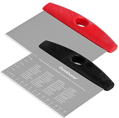 Ourokhome 2 Pack Bench Scraper Dough Cutter, Stainless Steel Dough Scraper with Laser-Etched Scale, Conversion Chart, Non-Slip Handle, Dishwasher Safe for Bread & Pastry, Black and Red