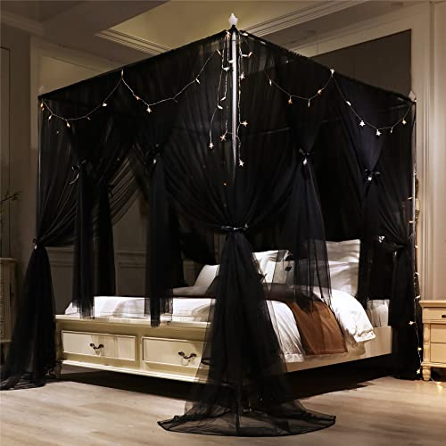 VETHIN Betthimmel-Vorhang mit 4 Ecken, doppelschichtig, gemütliches Drapiernetz, 4 Öffnungen, Moskitonetz für Mädchen und Erwachsene, Schlafzimmer, Dekoration, Zubehör (Doppelbett, Schwarz, 162,6 cm B