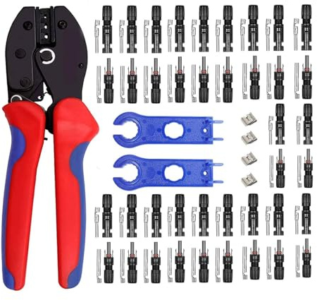 QeeHeng Solar Crimpzange Kit für Solar Crimpzange PV Crimper 26-10 AWG, 20 Paar Männlich/Weiblich Solarpanel Kabelstecker, 1 Stück PV-Crimpzange, 2 Stück Solar Steckverbinder Schraubenschlüssel