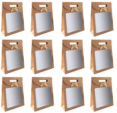 12 Stück Kraftpapier Verpackungsbeutel, Geschenktüte mit Fenster, Braun Kraftpapiertüten, für Verpacken von Bankettgeschenken, Keksen und Süßigkeiten