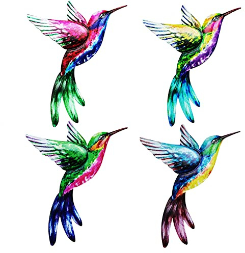JAWSEU 4 Stücke Metall Kolibri Wanddeko, Gartendeko Wand Deko, Metall Kolibri Wandkunst, Metall Vogel Deko, Bunte Kolibri Wanddekoration von Garten, Wandbehang Ornamente Für Innen Und Außen