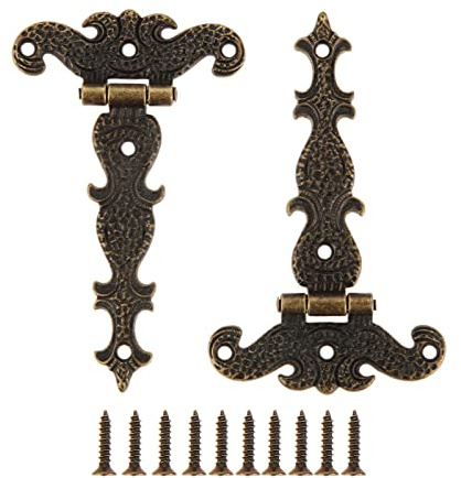 dophee 2Pcs Antique Bronze Door Hinges, T-Strap Decorative Furniture Fittings Butt Hinges for Windows Cabinet Cupboard Wardrobe Doors Wooden Boxes Jewelry Case Chest