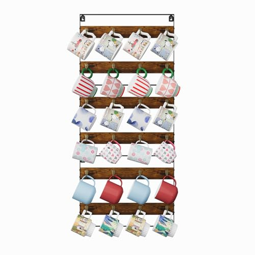 Huxitocan Becherhalter für die Wand, Kaffeebecher-Halter, Wandhalterung für bis zu 24 Tassen, Kaffeebecherregal zur Wandmontage (3er-Pack) für Küche, Zuhause, Kaffeebar, rustikales Holz und Eisen