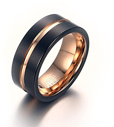 YAHOYA Anillo de carburo de tungsteno de Acero de Calidad para Hombres Dos Colores Oro Rosa y Anillo Negro