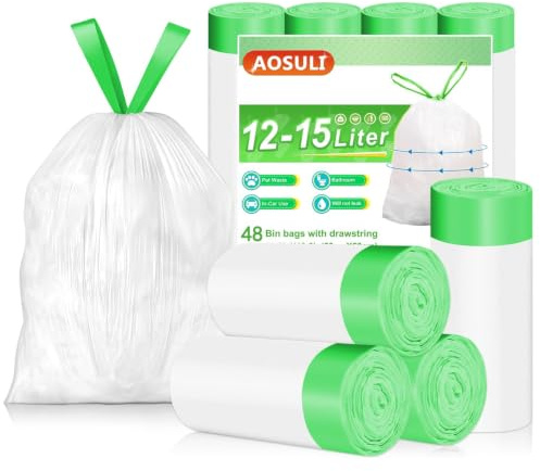 AOSULI Bolsas de basura de 12 a 15 litros, con cordón y asa de corbata, pequeñas bolsas de basura blancas, 50 forros