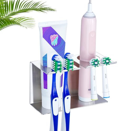 Zahnbürstenhalter Elektrische Zahnbürste Halterung, WAYASI Zahnbürsten Halter Wand Ohne Bohren Zahnbürstenkopf Halter Zahnpastaspender Badezimmer, SUS304 Edelstahl Aufsteckbürsten Halter Organizer