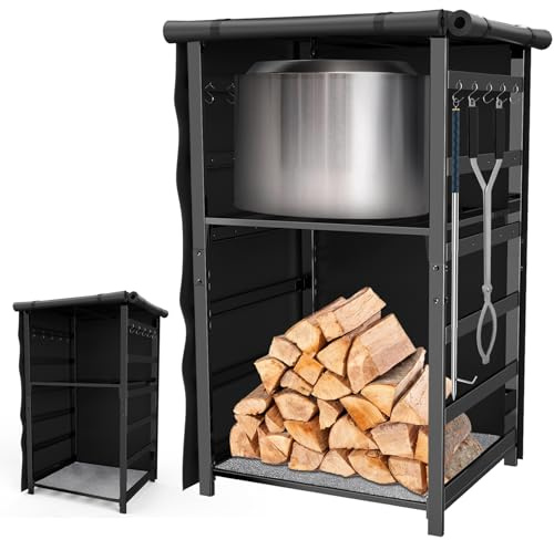 Estación de almacenamiento de 53 pulgadas para estufa individual Yukon/Bonfire/Ranger y más accesorios para hogueras sin humo con cubierta impermeable, estantes de almacenamiento de leña ajustables