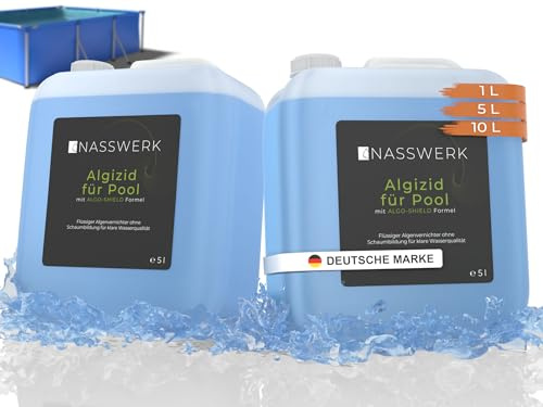 NASSWERK® Algizid für Pool flüssig 10L | Algenvernichter Pool schaumfrei | Poolklar Anti Algenmittel & Algenverhüter für Whirlpool | Algenschutzmittel mit Klareffekt um grünes Poolwasser klar bekommen