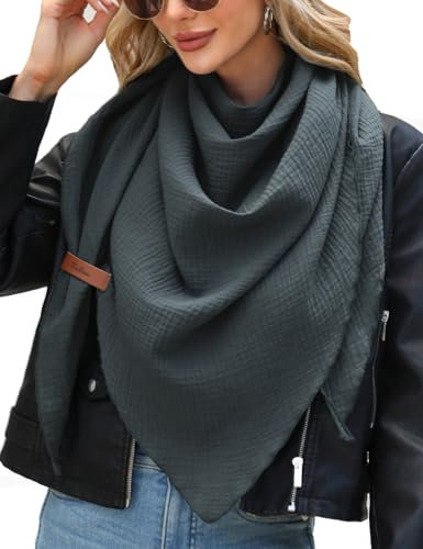 UMIPUBO Schal Damen Baumwolle Musselin Halstuch Dreiecksschal Dreieckstuch Herbst Unifarben Schal Halten Sie Warm Musselintuch Bequem Groß Elegant Leicht Scarf Damen Stola 190x80cm, Dunkelgrau