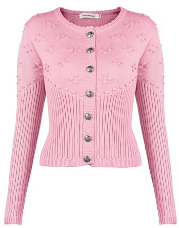 Namatime Damen Trachtenjacke Bolero Dirndl Jacke Kurze Trachten Strickjacke mit Knopfleiste Oktoberfest Outfit Rosa 38