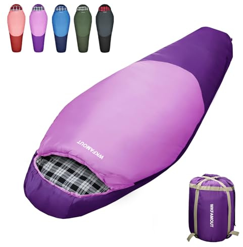 WKFAMOUT Mumienschlafsack Outdoor -12℃-0℃ [500GSM] Schlafsack Flanell 3-4 Jahreszeiten Tragbar Winter Maschinenwaschbarer Schlafsäcke für Erwachsene Kinder Camping Reisen 170x70CM Lila