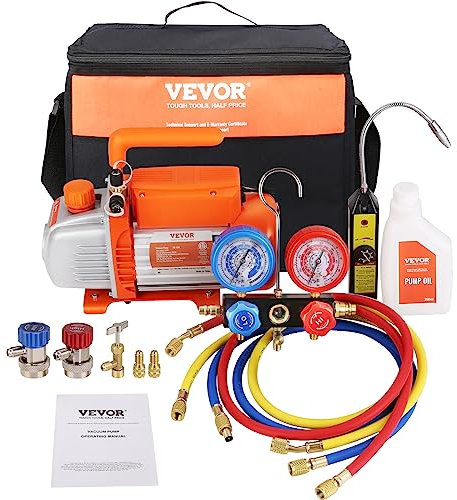 VEVOR Set Manometro e Pompa per Vuoto CA 113,26 L/min Pompa per Vuoto Aria HVAC a Palette Rotanti a Stadio Singolo, con Borsa per Trasporto del Tubo Flessibile Tricolore 1450 giri/min 180W