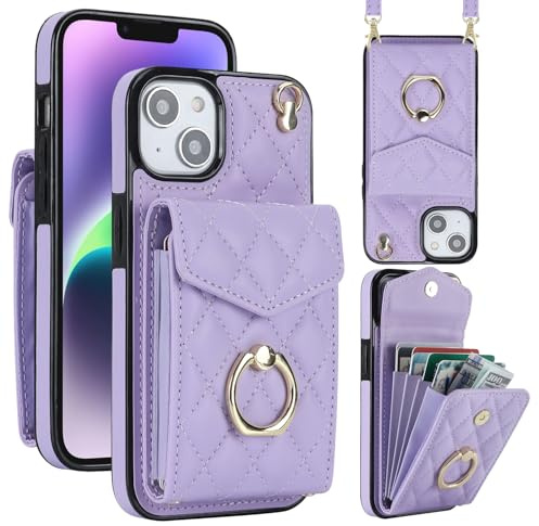 Draamvol for iPhone 15 Case Wallet Shockproof Leather iPhone 15 Phone Case with Card Holder Ring Holder Detachable Necklace Magnetic RFID Blocking Air Bumper Cover,Light Purple