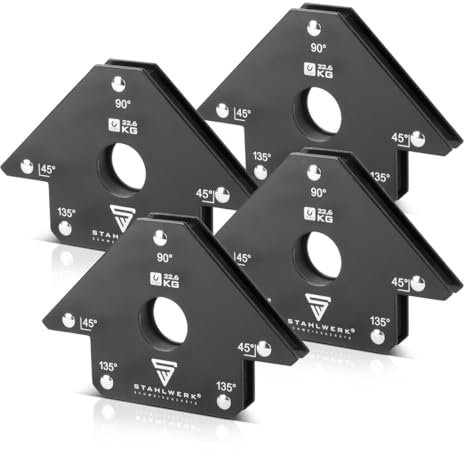 STAHLWERK Schweißmagnet 4er Set – je 22,6 kg (50 lbs) Haftkraft, 45° | 90° | 135° Winkel, starke Magnet-Schweißwinkel mit Rundloch zum präzisen Positionieren von Werkstücken bei Löt- & Schweißarbeiten