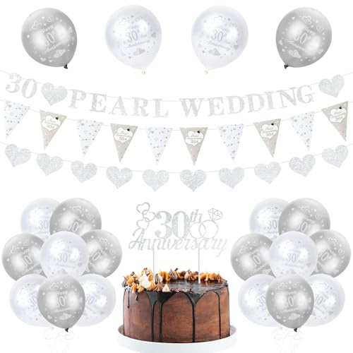 Set di 30° anniversario di perle, Happy 30th Pearl Wedding Ballons, 30 ° anniversario di matrimonio, bandierine topper per torta, bandiera triangolo perla forniture per feste