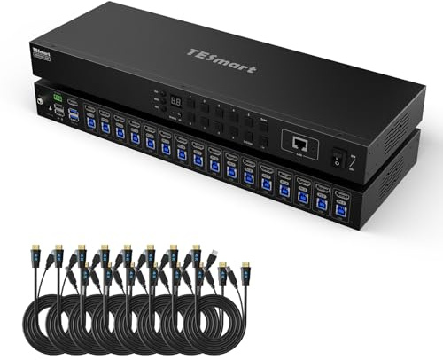 TESmart 16x1 HDMI KVM Switch HKS1601-Prime HDMI 2.0 und USB 3.0, 16 PC 1 Monitor 4K@60Hz KVM Schalter, EDID, Hotkey Umschalter, Auto Detect/Scan Modus, LAN/RS232 Port Steuerung, IR Fernbedienung, Rack