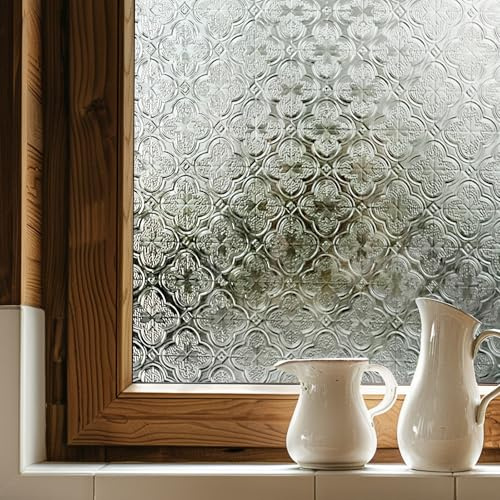 Fancyclings Fensterfolie selbstklebend 3D Buntglas, Weiß 44X120CM | Fensterfolie Blickdicht Bunt Blickdichte Anti UV Sichtschutzfolie für Haustür, Haus, Sonnenschutz, Wärmeschutz