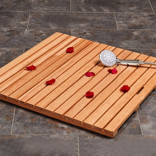 Tappetino da bagno in bambù per doccia, spa e sauna, impermeabile, antiscivolo, con design rettangolare, in legno, per bagno, 110 x 60 cm