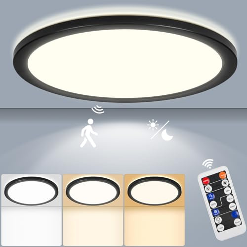 LEZOE Lámpara de Techo LED con Radar Detector de Movimiento, LED Plafones dimmable 24W 2650LM Sensor Plafón Regulable, 3000K/4000K/6500K para Baño Garaje Escaleras Sótano Pasillo Balcón Ø30x2.5cm