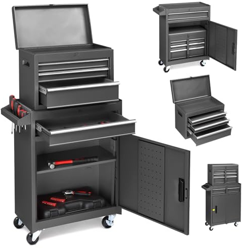 LEADZM Werkstattwagen leer, Werkzeugwagen leer | Werkzeugschrank mit Schloss, Koffer & 4 Fächer & verstellbarem Regal, Kugelgelagerte Schubladen, Metall, 59x28x102cm（Schwarz）