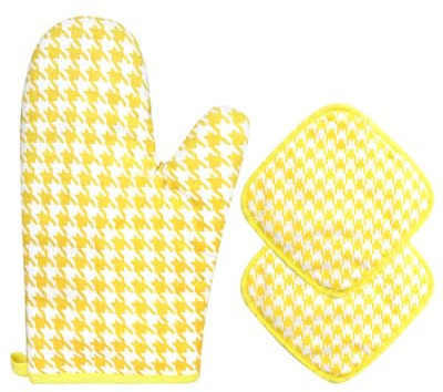 HW CASA Set di 1 guanto da forno + 2 presine resistenti al calore (1200°C) - ignifughi - Cotone naturale e materiali atossici - Protezione avanzata per cucina e forno Giallo