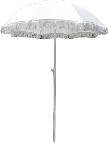 Petit Parasol De Plage à Pompon Blanc 160cm Parasol D’ombrage Extérieur Portable pour Balcon De Jardin Protection UV Anti-Pluie