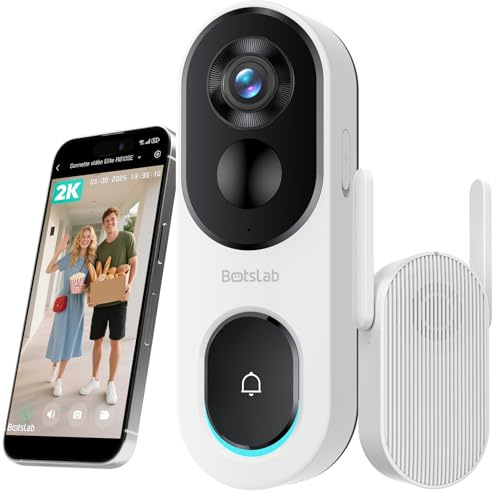 BOTSLAB 2K Timbre con cámara inalámbrica, sin suscripción, visión de pies a Cabeza, batería de 5200 mAh, detección de IA, WiFi de 2,4 GHz, Resistencia al Agua IP66