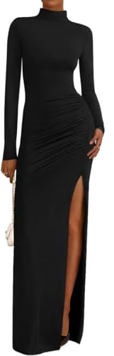 Gkaopi Women Sexy Maxi Dress Ruched Long Sleeve High Split Bodycon Dress Casual Half High Neck Stretchy Long Pencil Dresses Elegant Tight Wrap Dresses for Party Going Out Prom Clubbing Gowns Black