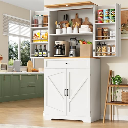 Merax Küchenschrank Buffetschrank, Vorratsschrank Snackschrank mit 4 Türen, Schublade, 12 Türfächer, Moderner Küchenbuffet Mehrzweckschrank Hochschrank mit Großer Stauraum, für Wohnzimmer Küche, Weiß