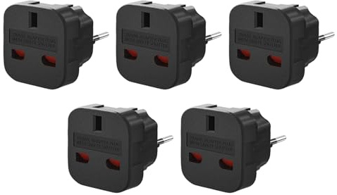 Adattatore da viaggio da UK a EU (5 pz), adattatore da presa UK a 3 pin a spina europea/francese a 2 pin (nero)