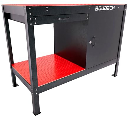 Boudech Manny – Banco de trabajo de 120 x 60 cm con cajón para herramientas, 1 puerta y 1 estante abierto de metal negro
