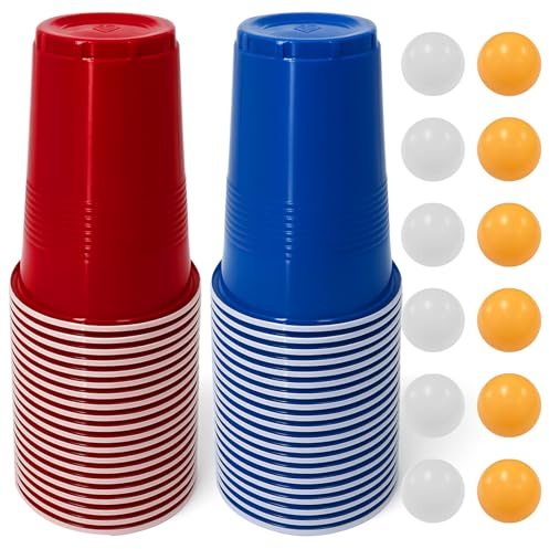 kaiyaya Juego de Vasos,50 Vasos Reutilizables y 12 Pelotas de Tenis de Mesa,para Fiestas,Celebraciones,Cumpleaños,Festivales,Bodas,Navidad,Camping