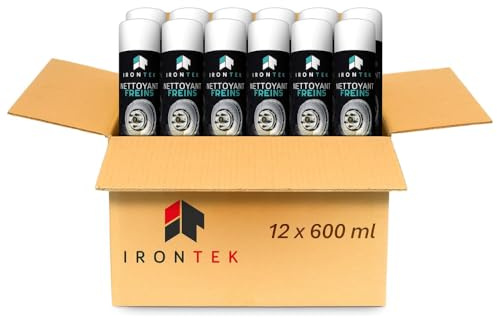 Nettoyant Dégraissant Freins 600 ML Lot de 12 - IRONTEK | IT294 | Aérosol Professionnel | Jet Puissant Séchage Rapide | Élimine Graisse Suie Poussières | Auto Moto | fabriqué en France (12)