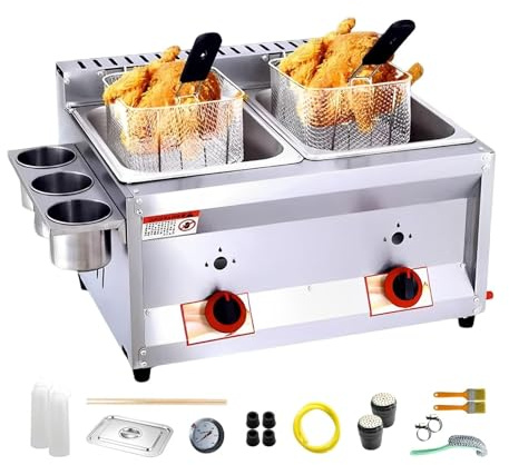 Friggitrice commerciale a gas GPL, doppio serbatoio, con cestello da 10 l x 2/3 e coperchio, in acciaio inox, grande capacità, propano GPL, con tubo in metallo, per patatine fritte, casa, cucina