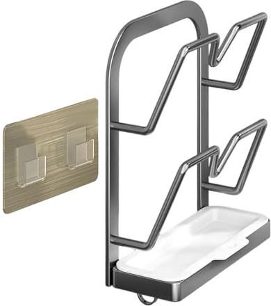 Generisch Pot Lid Holder, Drill-Free Carbon Steel Frame with Drip Tray, Pot Lid Organiser and Storage - For Oven Cooker Kitchen Utensils Storage