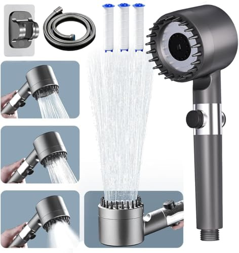 Pommeau de Douche Haute Pression Anti Calcaire, Pommeau de Douche Filtrant Economie d’Eau avec Tuyau 1,5M et Support, 4 Modes de Jets Poire de Douche avec Bouton Pause shower head, Gris