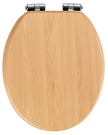 WENKO WC-Sitz Mod. Buche Natur, Toilettensitz mit Absenkautomatik in Holz-Optik, mit Fix-Clip Hygienebefestigung, Toilettenbrille aus MDF, 35,5 x 42,5 cm, Hellbraun