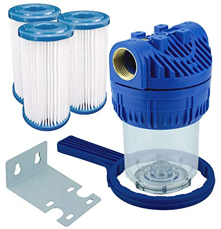 FILTROTECH Wasserfilter 5 Zoll Vorfilter inkl. 3 Faltenfiltern | Faltenfilter aus Polypropylen 20 Mikron, fuer Gartenpumpe und Hauswasserwerk, 1 Zoll Metallgewinde, max. 10 bar