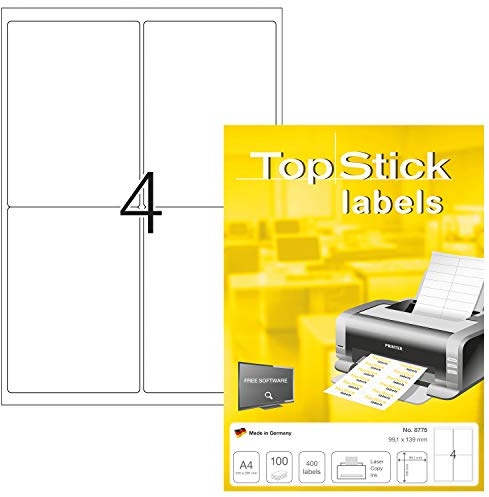 TopStick 8775 universella etiketter A4 (99,1 x 139 mm, 100 ark, papper, matt) självhäftande, utskrivbara, permanenta adressetiketter, 400 fraktetiketter, vit