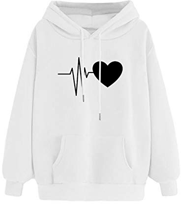 heekpek Huvtröja dam vinter huvtröja sweatshirt höst långärmad fritid vintertröja lång tröja mode kärlek tryck toppar med huva och fickor, Vit, M