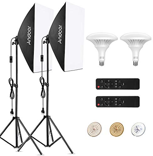 Andoer Softbox Set Fotostudio, 2x50x70cm Softbox LED Beleuchtung Set mit 2 Studioleuchten 150W, 2 Fernbedienung, 2 2M lichtstativ, Tragetasche für Studio-Porträts, Produktfotografie, Modefotos