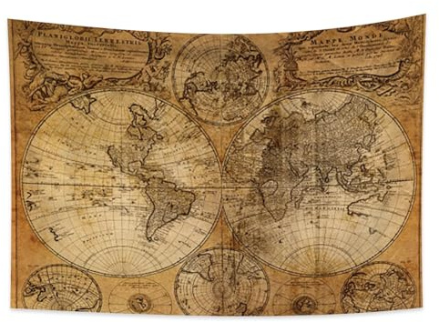 YONGFOTO Alte Weltkarte Wandteppich Antike Weltkarte Geographie Wandbehang Wanderlust Piraten Historischer Atlas Erde Runde Decke für Wohnzimmer Wohnheimdeko Sofa Teppich, 100x70cm