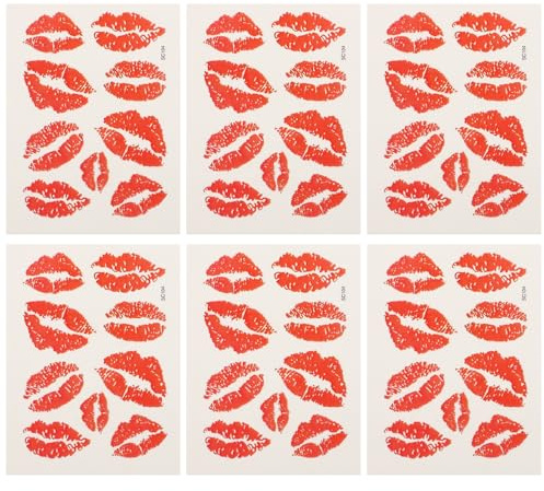 Uonlytech 6 Stücke Rote Lippen Temporäre Tattoo Aufkleber Rot Kuss Tattoo Aufkleber Wasserdichte Fasse Aufkleber für Frauen Club Valentinstag